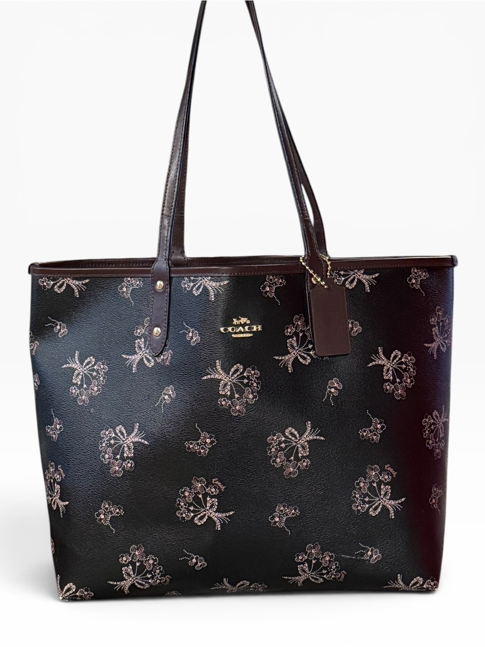 Coach Reversible City Tote Bag – Black Ribbon Bouquet Floral Print – F78283
